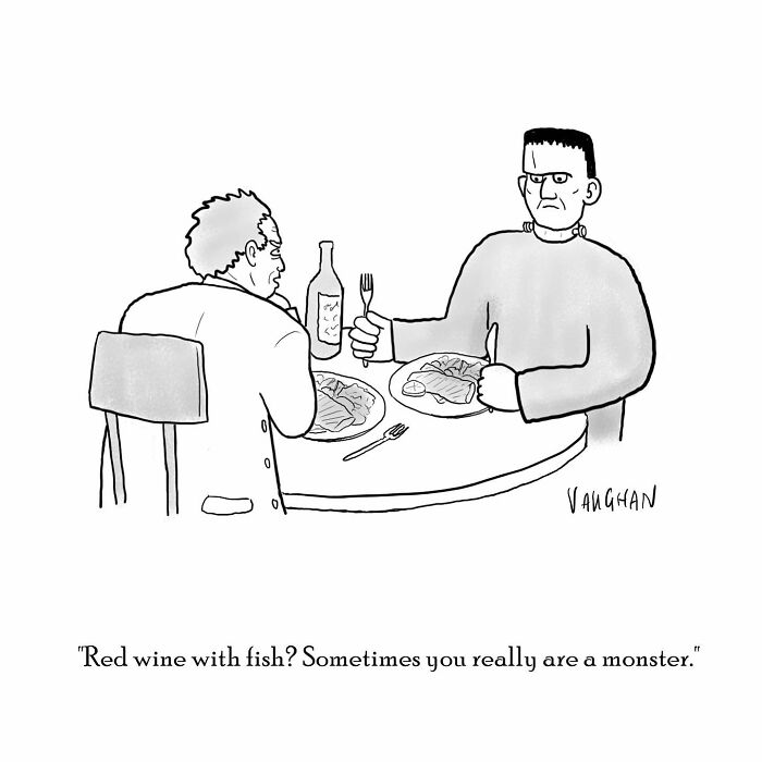 Cartoon by Vaughan Tomlinson of a diner critiquing another's choice of red wine with fish at the table.