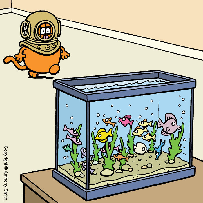 Cartoon cat wearing a diving helmet, cautiously approaching a fish tank in a comic about the nature of cats.