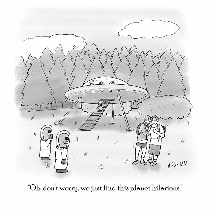 Aliens and UFO in forest cartoon humor, depicting amusing take on daily life, by Vaughan Tomlinson.