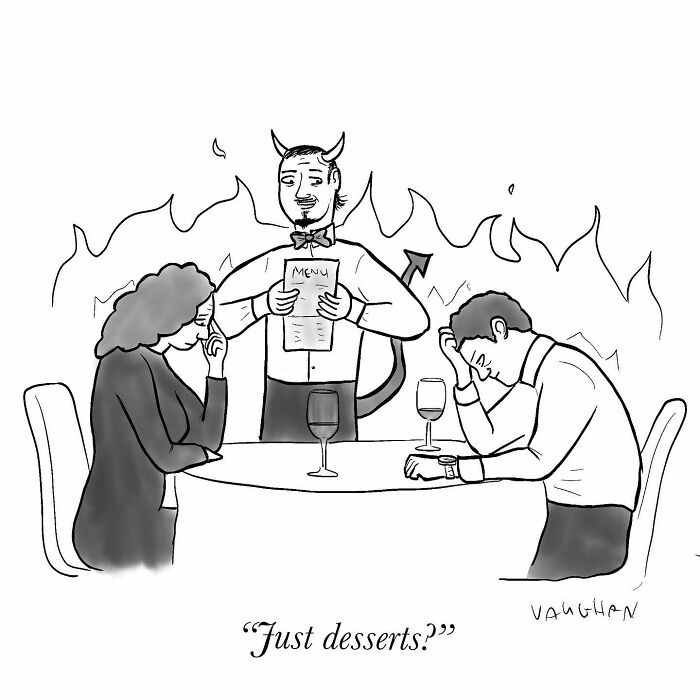 A devilish waiter presenting a menu to a distressed couple, poking fun at daily life.
