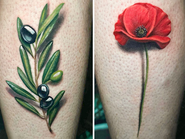 3D tattoos of an olive branch and a red poppy flower showcase intricate artistic detail.