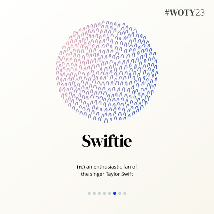 Oxford University 2023 Word of the Year is "Swiftie," popular term among Gen Z, depicted with colorful abstract art. Oxford University 2023 Word of the Year is "Swiftie," popular term among Gen Z, depicted with colorful abstract art.