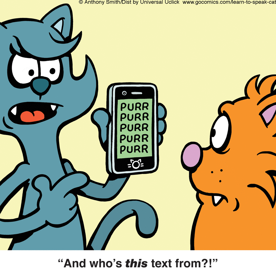 Blue cartoon cat showing a phone with repeated purr text to an orange cat, illustrating the nature of cats in comics.
