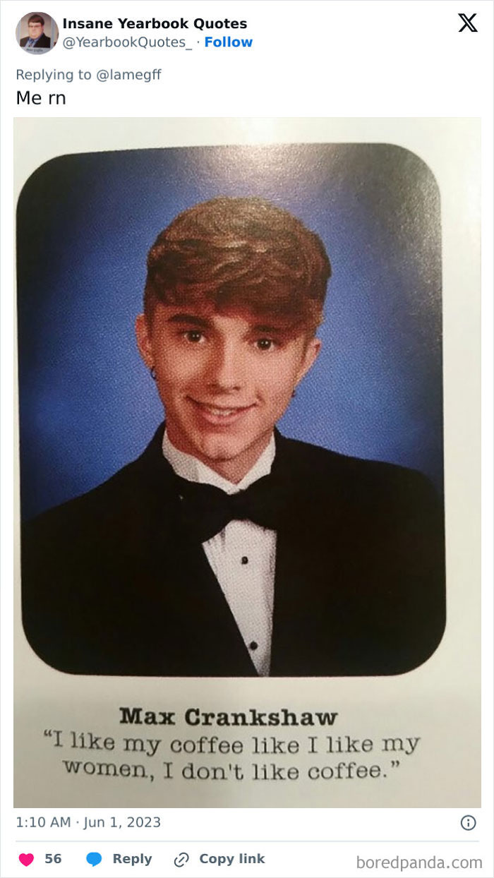 Yearbook photo of a young man in a tuxedo with a humorous quote about coffee.