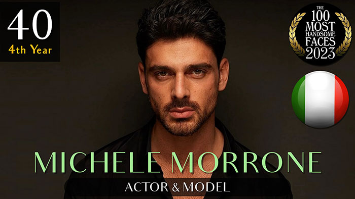 Actor Michele Morrone ranked among the most handsome men of 2023 by Independent Critics, with Italian flag in background.