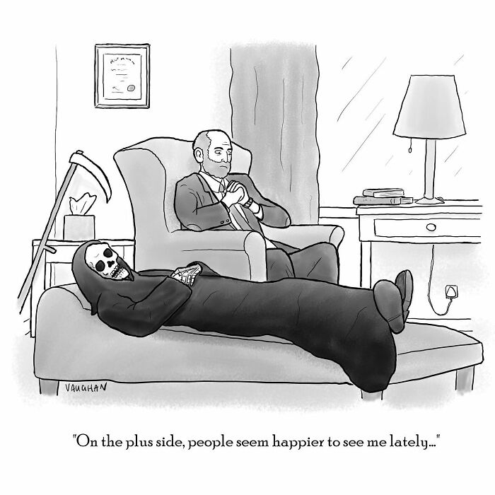 A comic by Vaughan Tomlinson showing Grim Reaper in therapy, humorously commenting on people being happier to see them.