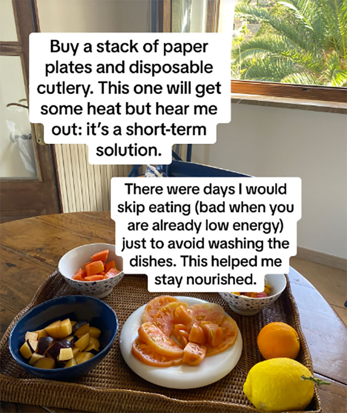 Assorted fruit on a table with text about burnout advice, highlighting using disposable plates for easy meals.