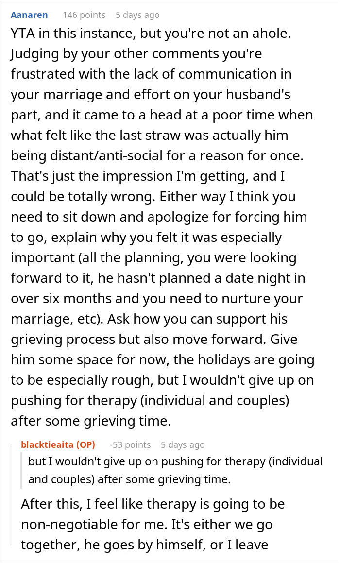 Woman Accuses Grieving Husband Of Ruining A Work Xmas Gala For Her, Gets A Reality Check