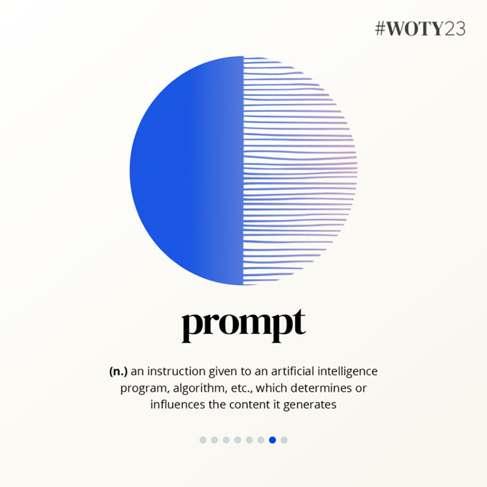 “Word of the Year 2023: 'Prompt' selected, popular among Gen Z, shown with a graphic design and definition.” “Word of the Year 2023: 'Prompt' selected, popular among Gen Z, shown with a graphic design and definition.”