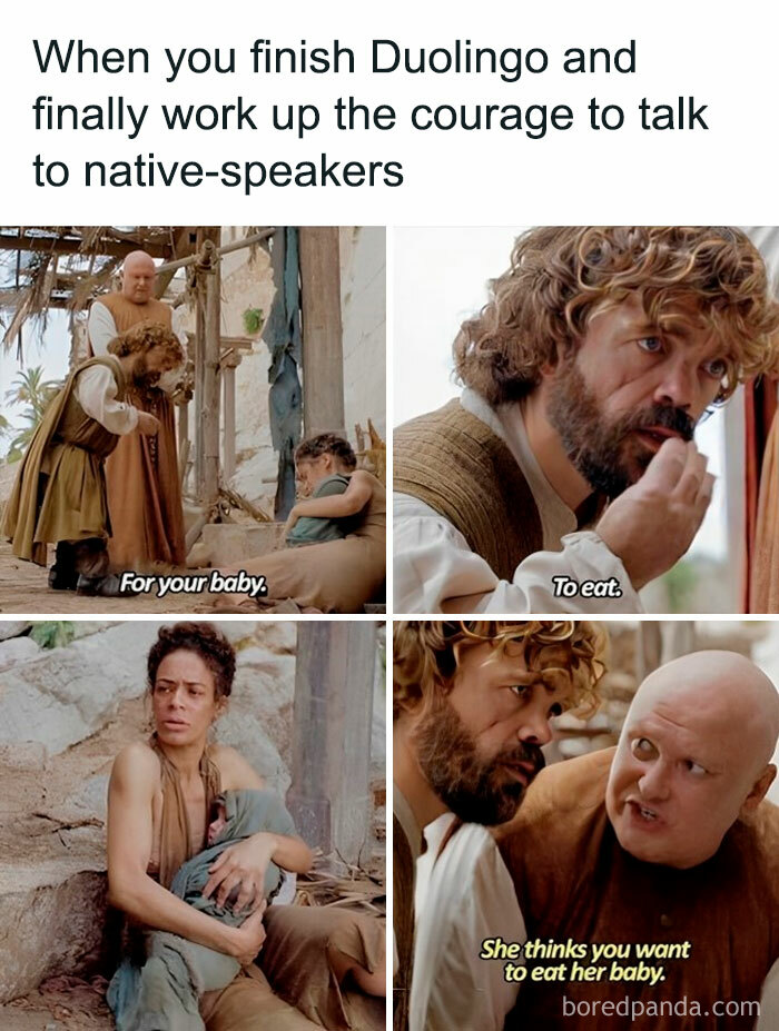 Funny Duolingo meme depicting conversation misunderstanding with native speakers from a TV show scene.