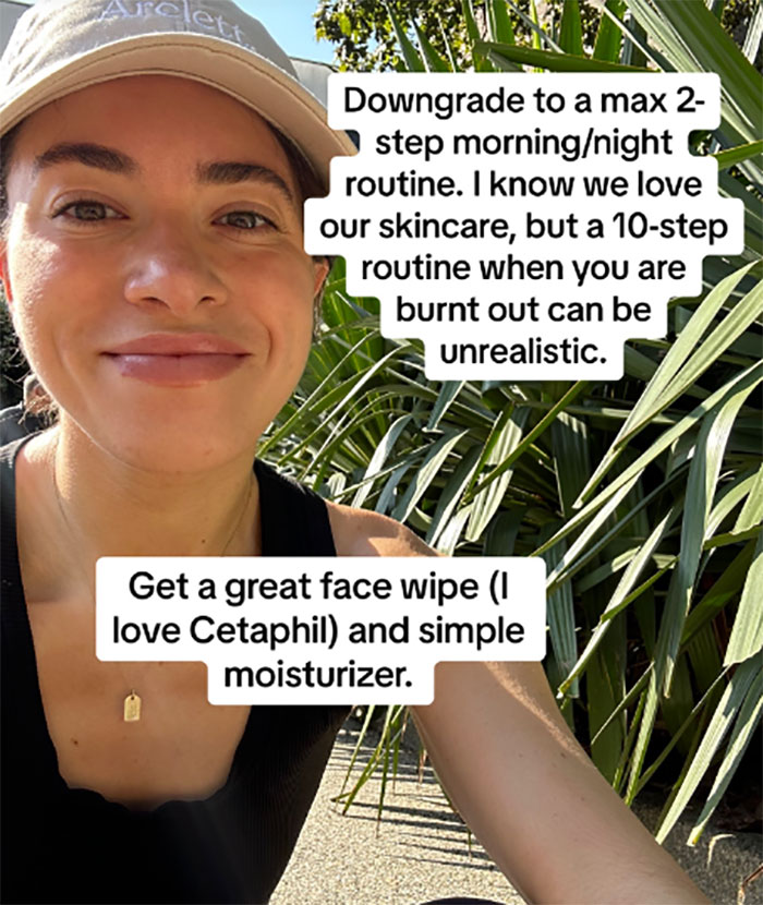 Woman in a hat shares burnout advice, suggesting a simplified skincare routine outdoors.