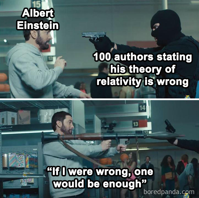 Man labeled "Albert Einstein" confronting armed man, symbolizing physics debate humor.