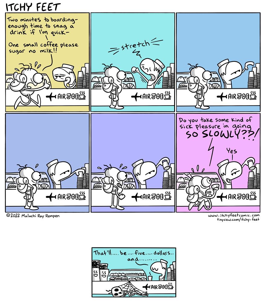Traveler frustrated by slow coffee service at airport in Itchy Feet Comic, highlighting funny cultural differences.