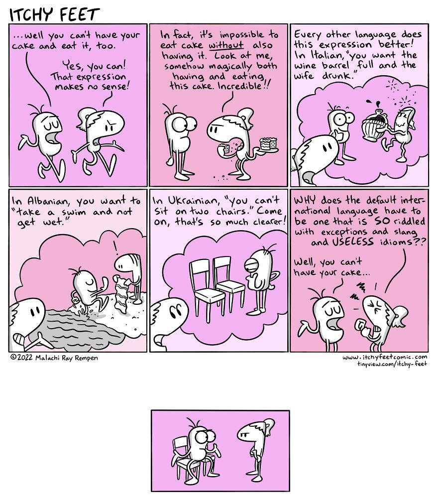 Itchy Feet comic depicting funny cultural differences in idioms about having cake and other expressions.