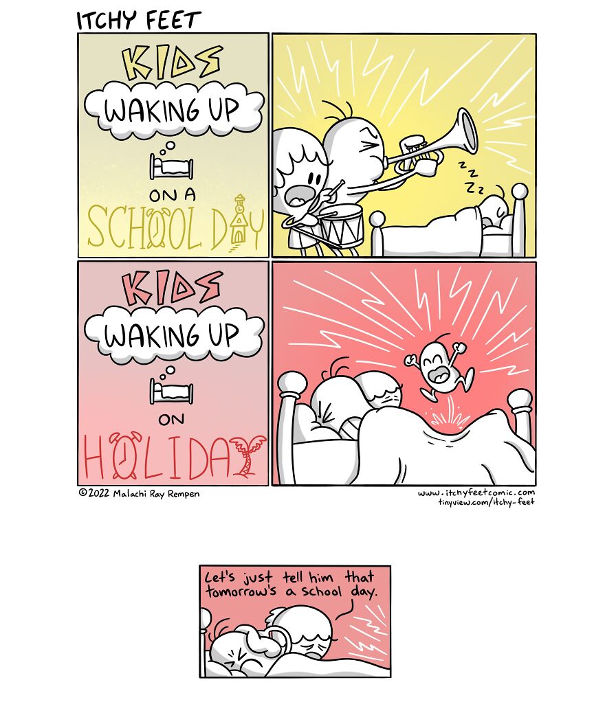 Kids waking up on a school day versus holiday, illustrated in a funny comic strip by Itchy Feet.
