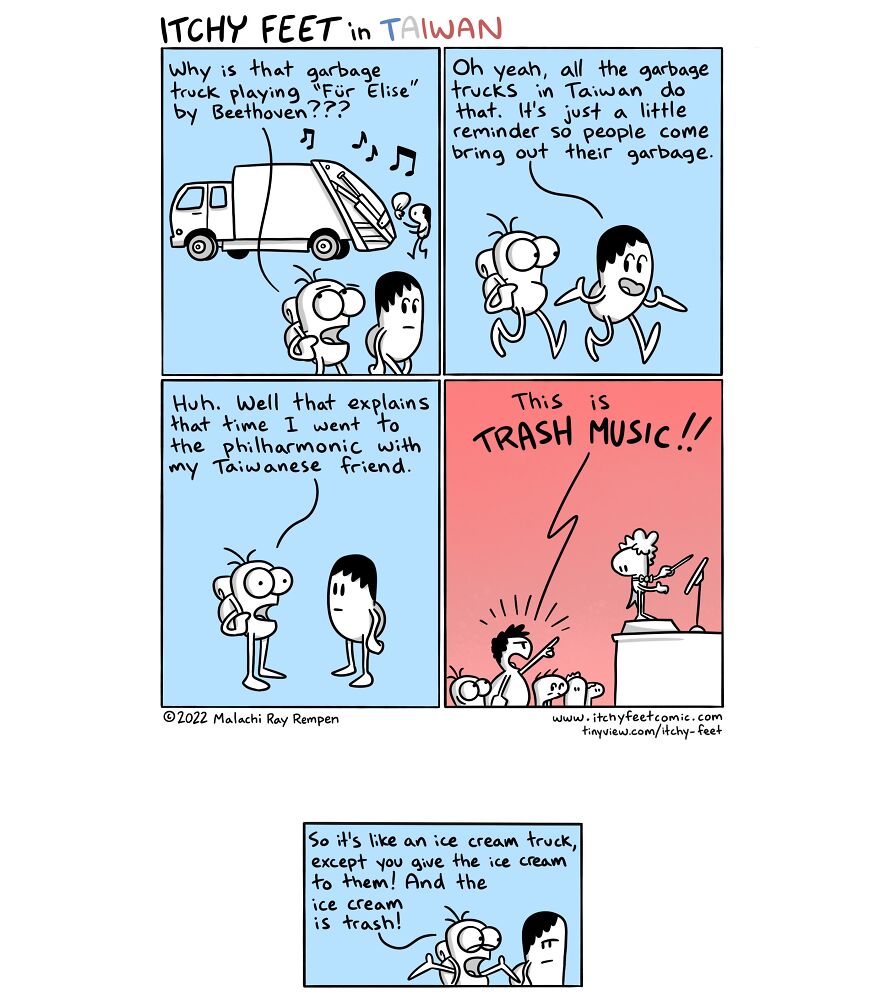 Comic illustrating funny cultural differences with a garbage truck in Taiwan playing "Für Elise" to collect trash.