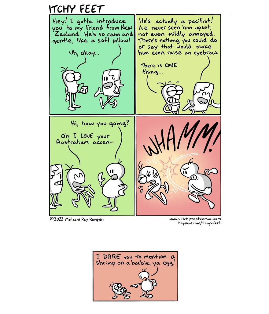 Comic about funny cultural differences in accents, featuring characters from New Zealand and Australia reacting humorously.