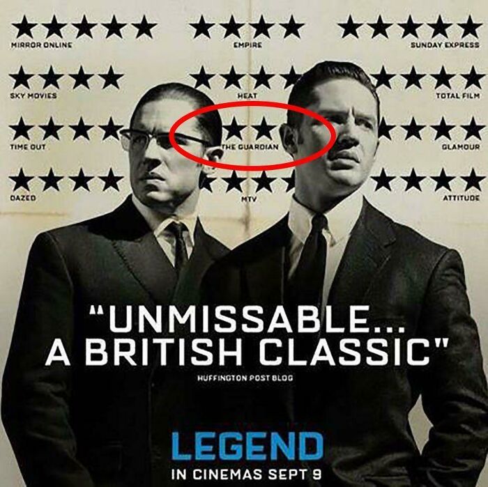 El cartel de la película Legend (2015) se burló de una de sus críticas negativas al ocultar la reseña de dos estrellas entre las cabezas de los gemelos Kray