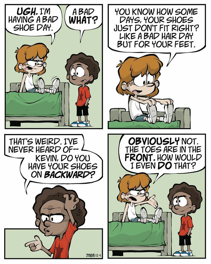 Comic strip showing kids humorously discussing a "bad shoe day," capturing the fun of growing up in the '80s.