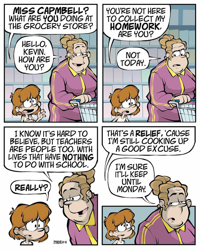 Comic strip depicting the fun dynamics of school life in the '80s with a teacher shopping at a grocery store.
