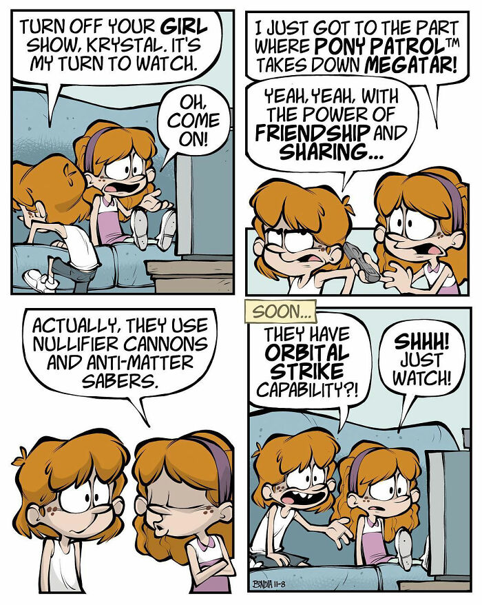 '80s-inspired comic of two girls discussing a TV show, humorously highlighting nostalgia and fun of growing up in the 1980s.