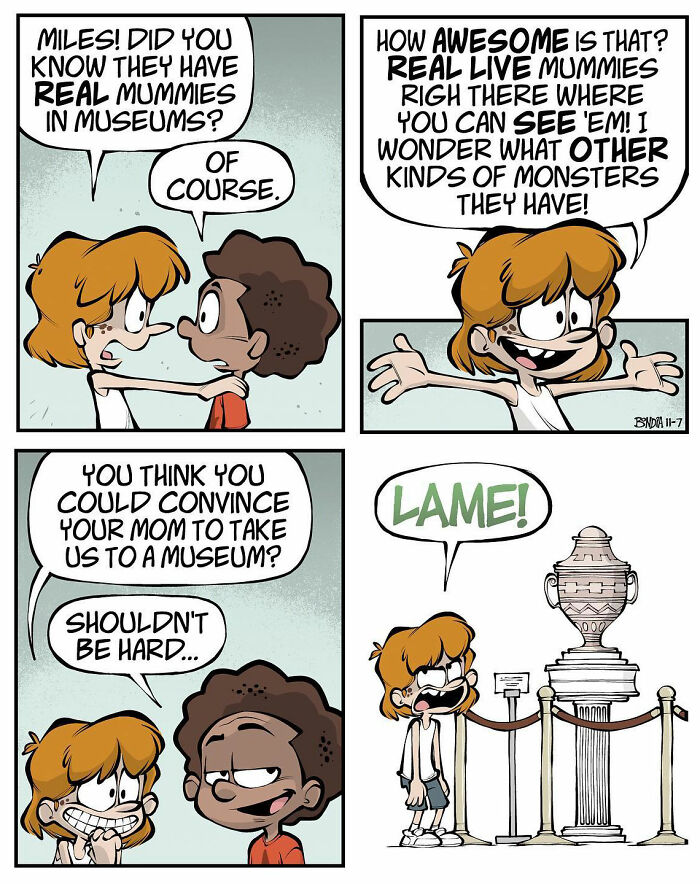 Comic strip with kids discussing mummies in museums, highlighting the fun of growing up in the '80s.