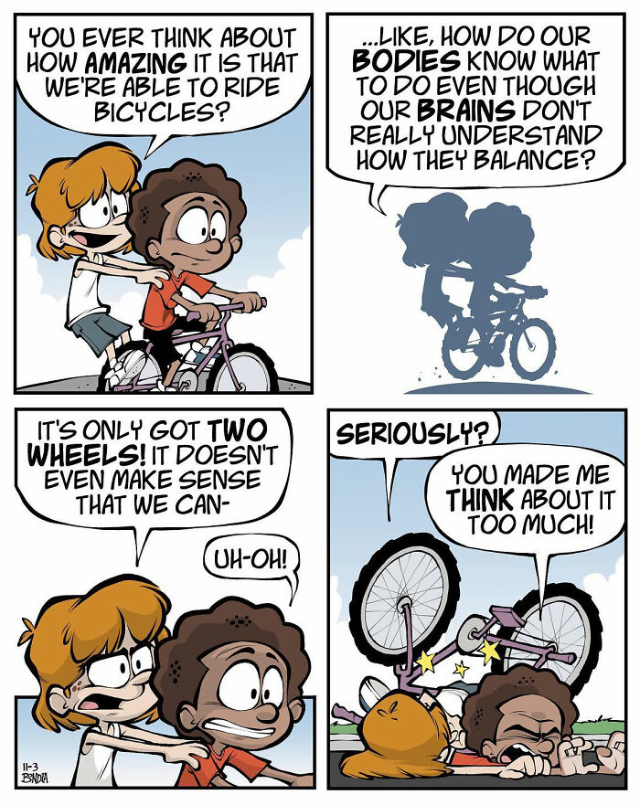 Comic illustrating the fun of growing up in the '80s with kids discussing and falling off bicycles.