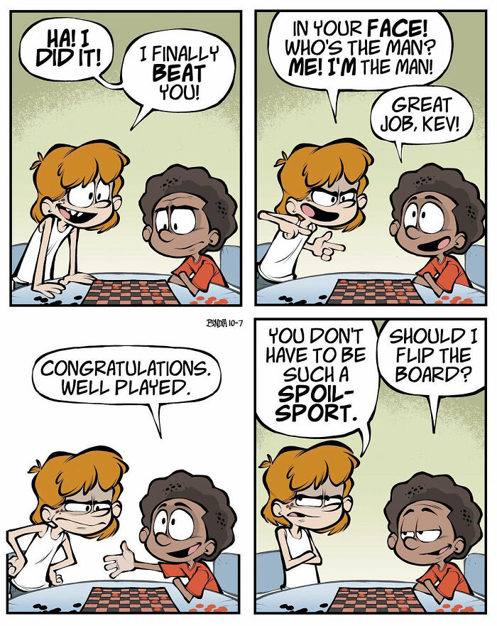 Comic showing kids playing checkers, capturing fun and competitive moments from growing up in the '80s.