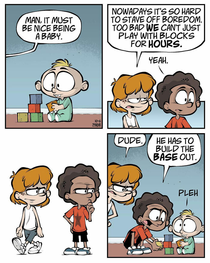 Comic strip by artist depicting kids discussing the joy of playing with blocks, capturing the fun of growing up in the '80s.