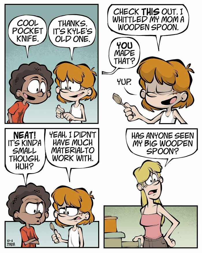 Comic strip illustrating childhood fun with pocket knives and wooden spoons in the '80s.