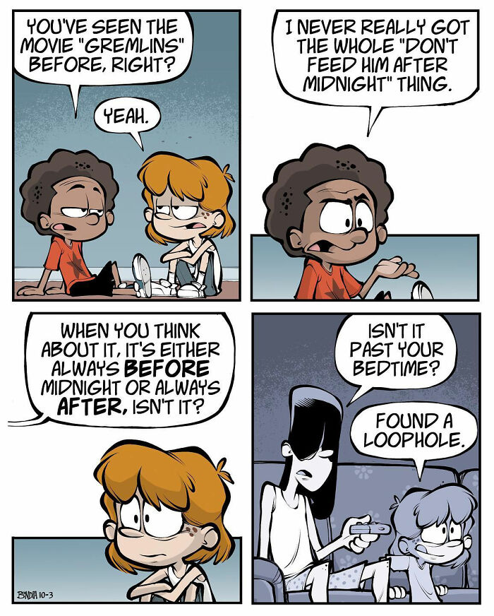 Comic about growing up in the '80s, featuring kids discussing "Gremlins" and bedtime loopholes.