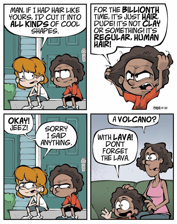 Comic strip about hairstyling, capturing the fun humor reminiscent of growing up in the ’80s.