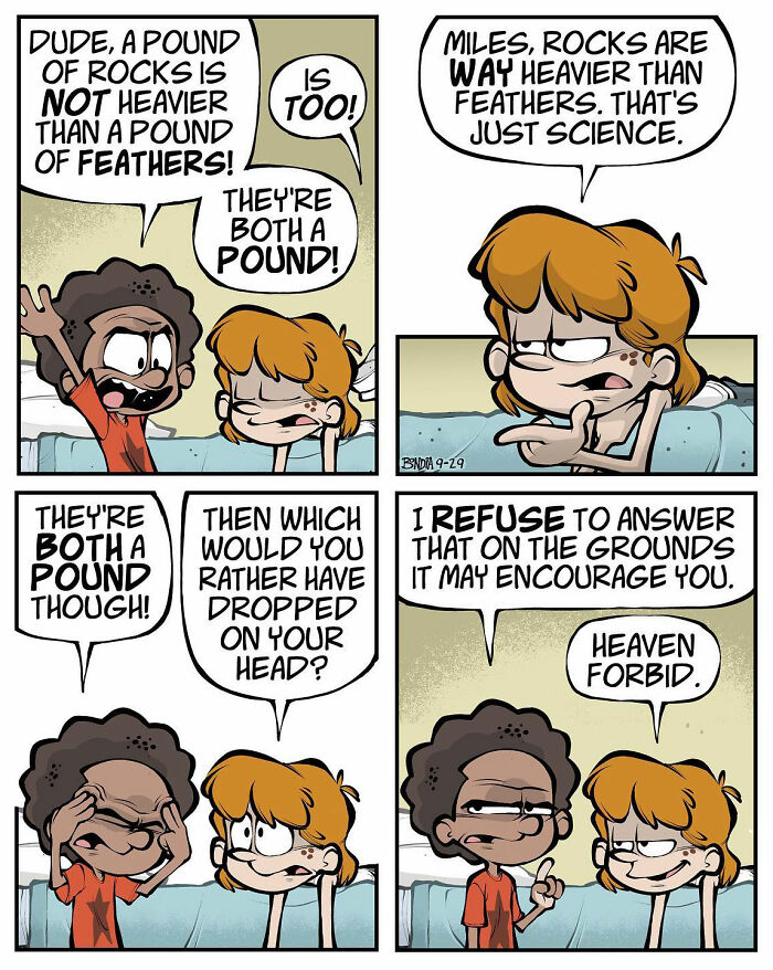 Comic strip illustrating humorous debate about weight, capturing fun moments reminiscent of the ’80s childhood.