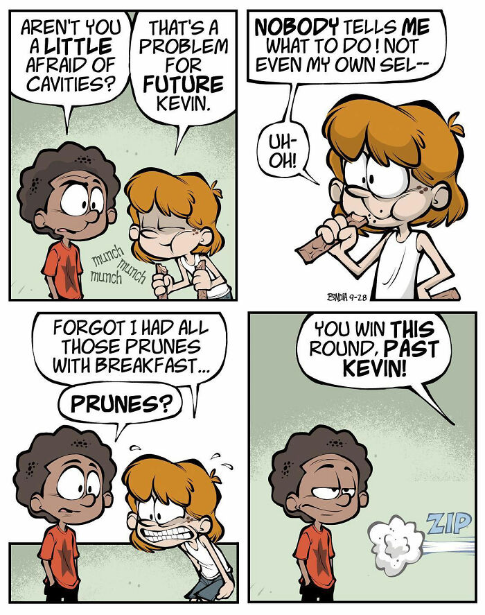 '80s nostalgia comic illustrating humorous childhood memories with kids discussing prunes and future consequences.