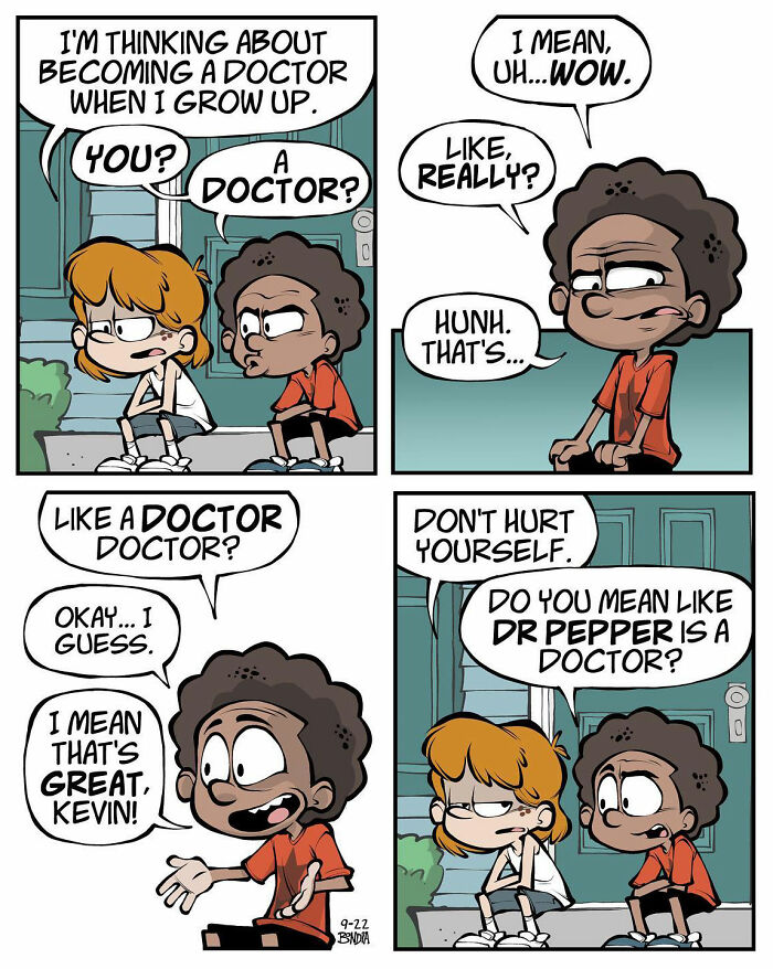 Two kids on a porch discuss becoming a doctor, capturing fun memories of growing up in the '80s through comic humor.