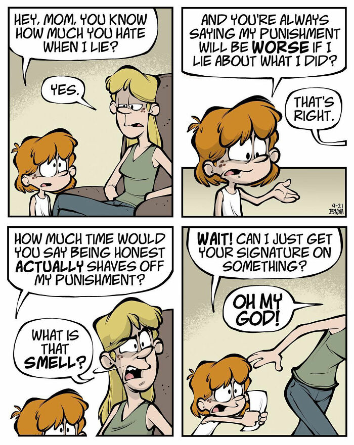 Comic strip depicting childhood humor from the ’80s, with a child negotiating punishment with a parent.