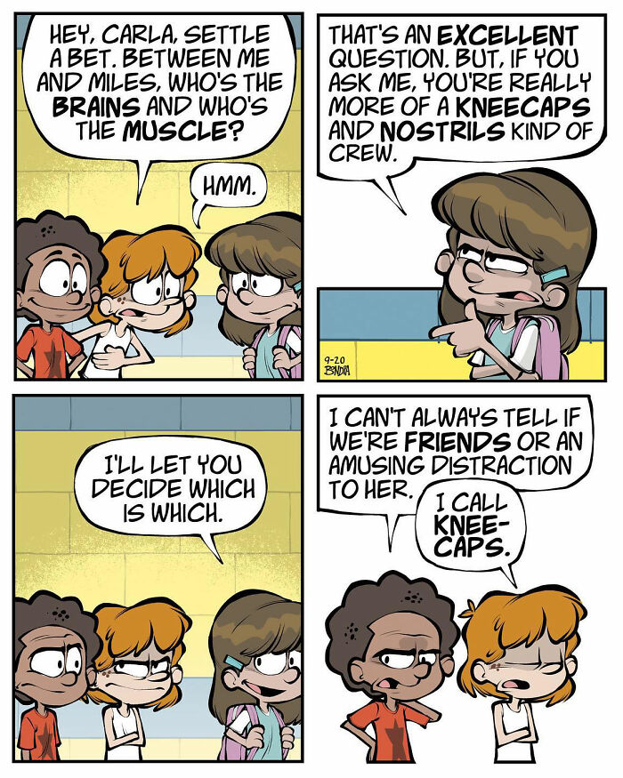 ’80s childhood fun depicted in a comic strip with kids humorously discussing brains, muscle, and friendships.