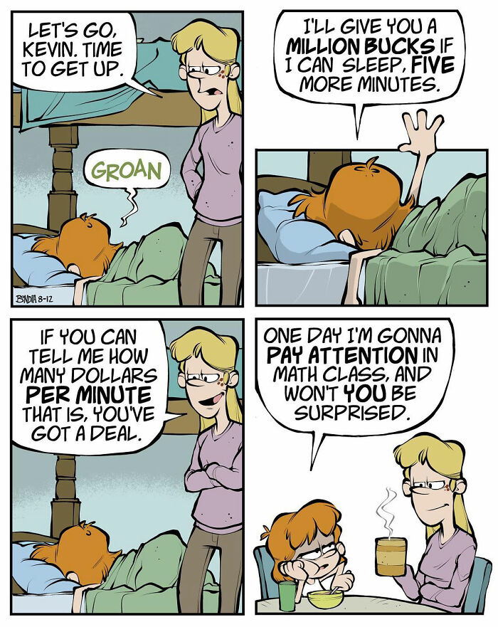 Comics humorously depicting the fun of growing up in the '80s with a kid negotiating extra sleep time.