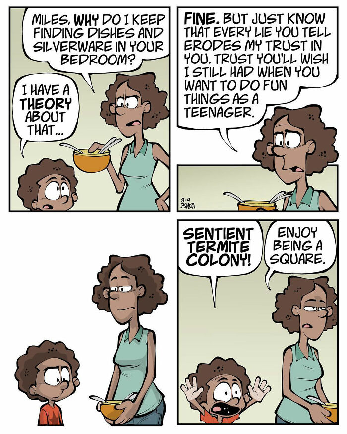 Comic strip of a mother and child discussing bedroom dishes, humorously illustrating fun moments from the '80s.