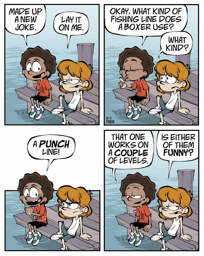 Kids sharing jokes on a dock in an '80s-themed comic strip.