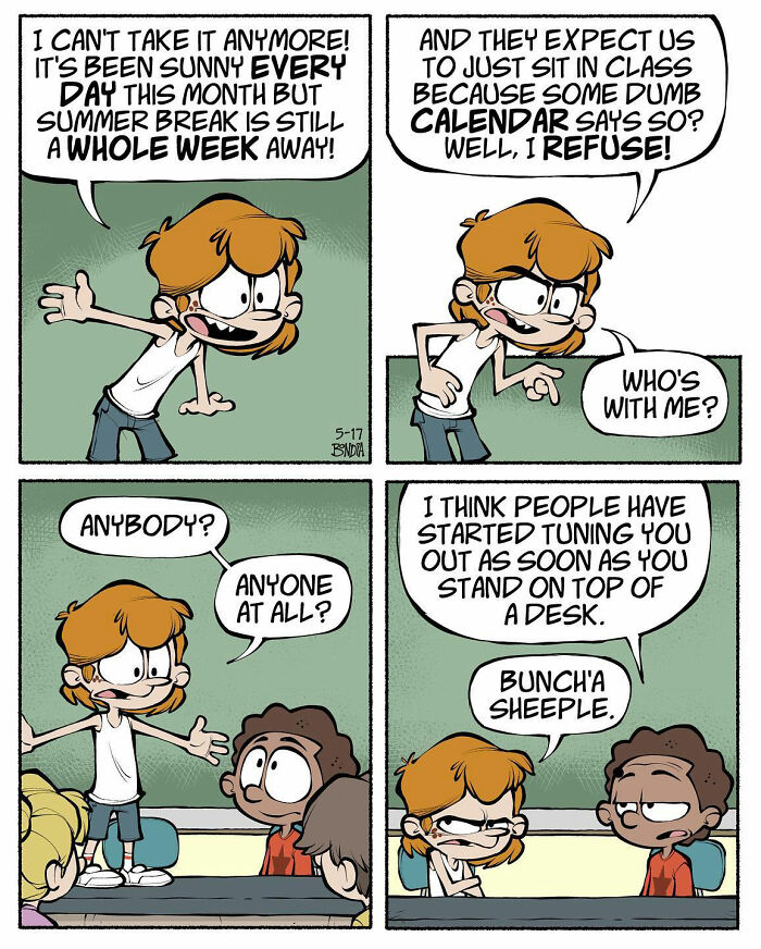 Comic strip depicting a child frustrated about summer break being a week away, sharing a humorous perspective on the '80s.