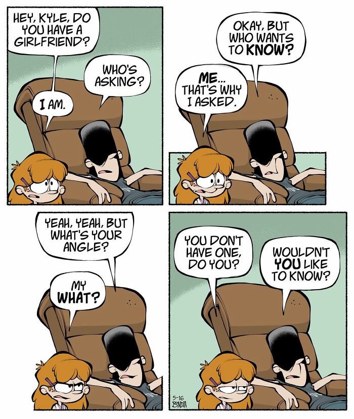 Two kids in '80s-style comic discussing relationships, seated in a room with casual banter.