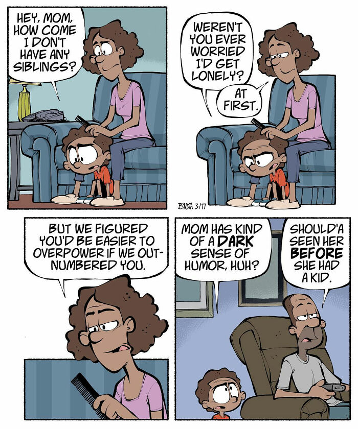 Comic strip depicting humorous moments from growing up in the ’80s, featuring a mom with a dark sense of humor.