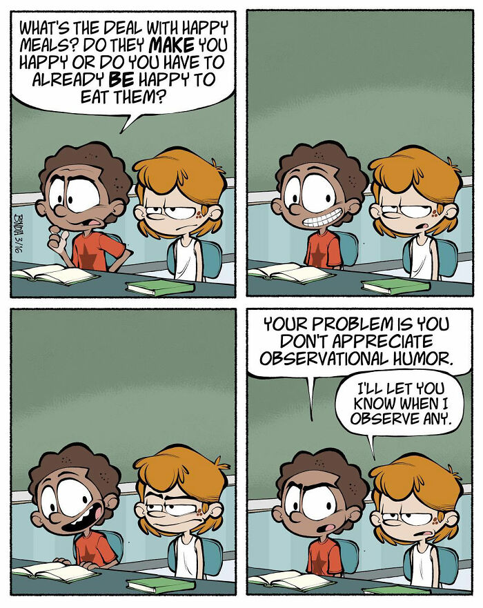 Two kids discussing Happy Meals at school; comic highlights '80s humor nostalgia.