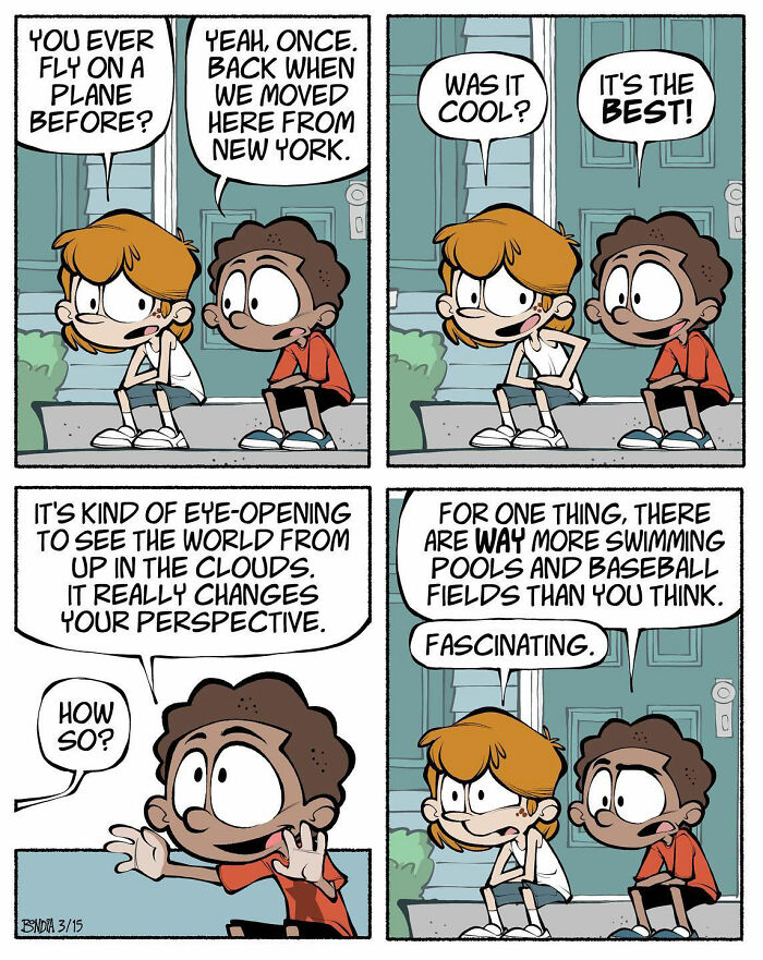 Comic strip of two kids discussing flying on a plane, highlighting the fun perspective of growing up in the ‘80s.