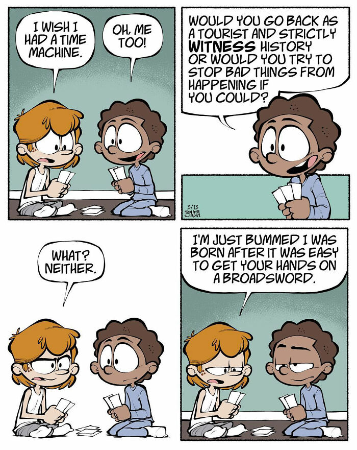 Comic strip by artist reminiscing about fun growing up in the '80s with kids discussing time travel and swords.