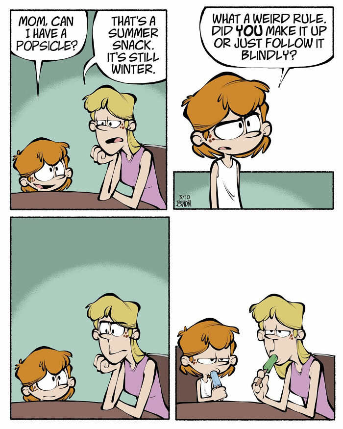 Comic depicting a child questioning rules about summer snacks in winter, highlighting fun aspects of growing up in the '80s.