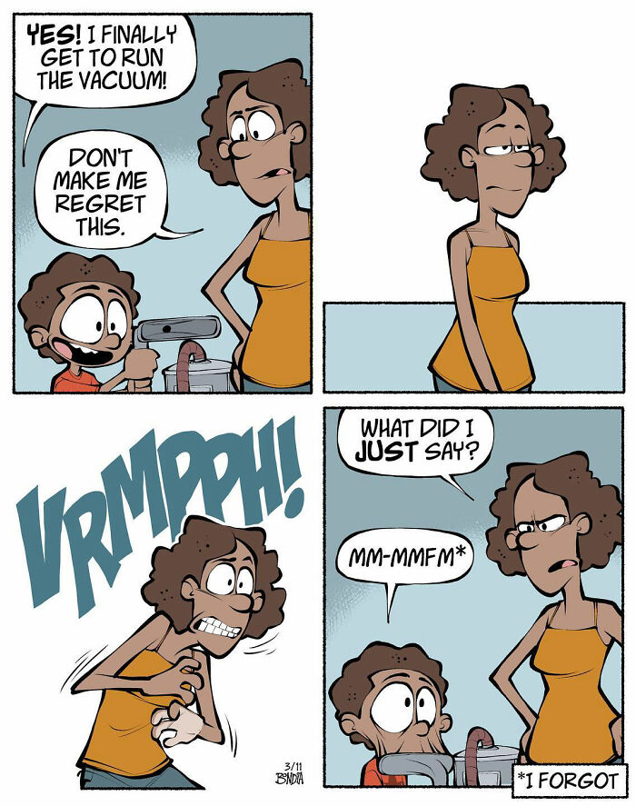 Comic about the fun of growing up in the '80s, featuring a kid excited to use a vacuum while a parent looks on.