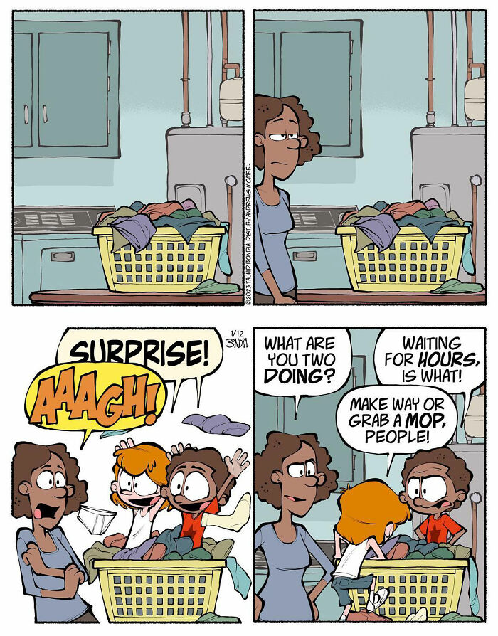 Comic scene of kids hiding in a laundry basket, surprising a woman, showcasing fun childhood moments from the '80s.