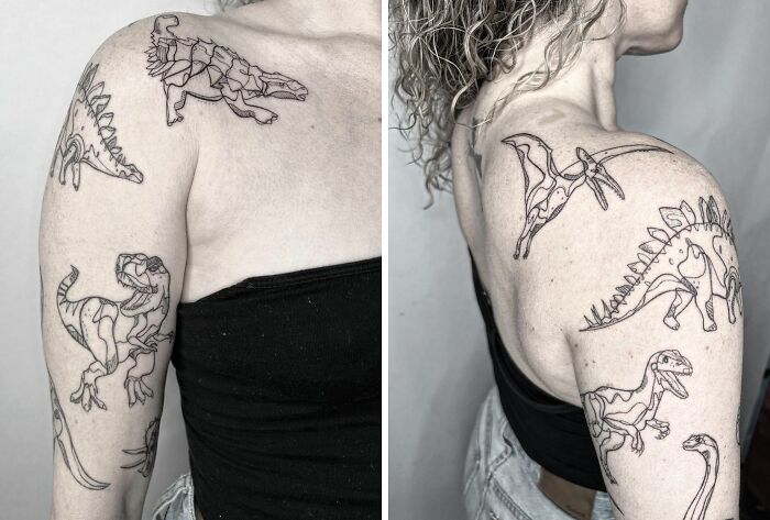 Person showcasing intricate dinosaur tattoo designs on their shoulder and arm.